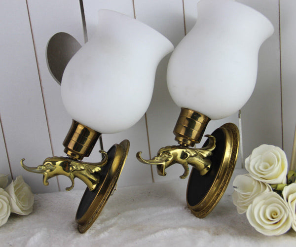 PAIR empire design Fish dolphin brass metal wall lights sconces opaline glass