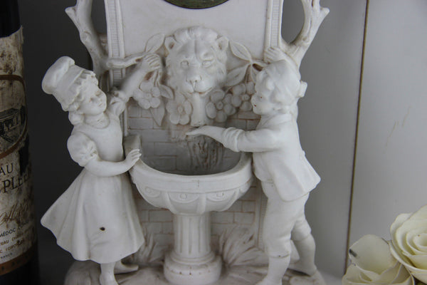 German Bisque porcelain Group fountain lion clock marked group