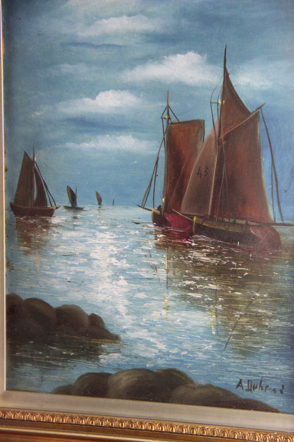 PAIR matching Oil cardboard Marine Boats Paintings signed nautical 1960's