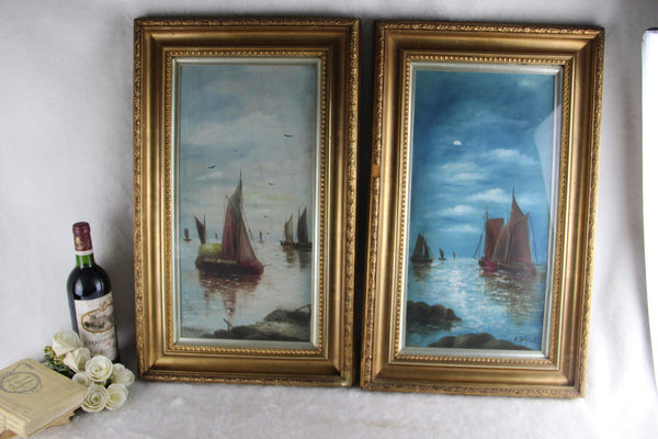 PAIR matching Oil cardboard Marine Boats Paintings signed nautical 1960's