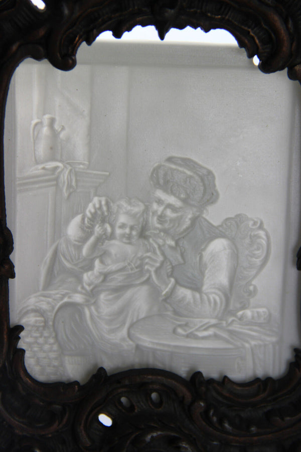 Antique Porcelain Lithophane in empire Cast iron stand Lion heads 1920's