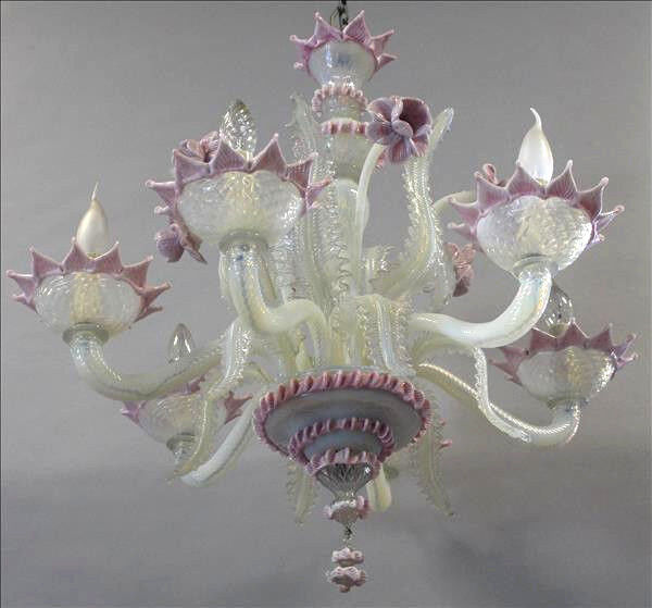 Unusual pink MURANO Glass art Chandelier Mid century retro 6 arms 1960's