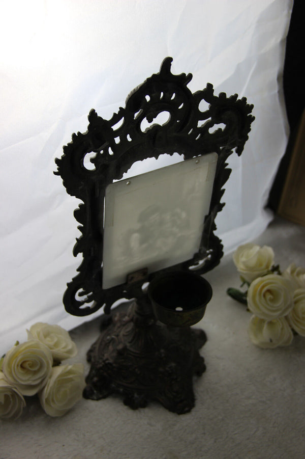 Antique Porcelain Lithophane in empire Cast iron stand Lion heads 1920's