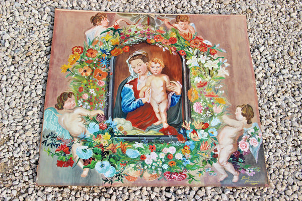 Gorgeous Flemish school Watercolour Gouache  madonna putti painting signed 1935