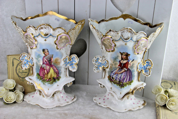 Gorgeous Antique Vieux old paris porcelain Vases romantic noble lady portraits