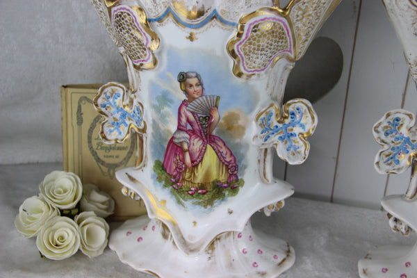 Gorgeous Antique Vieux old paris porcelain Vases romantic noble lady portraits