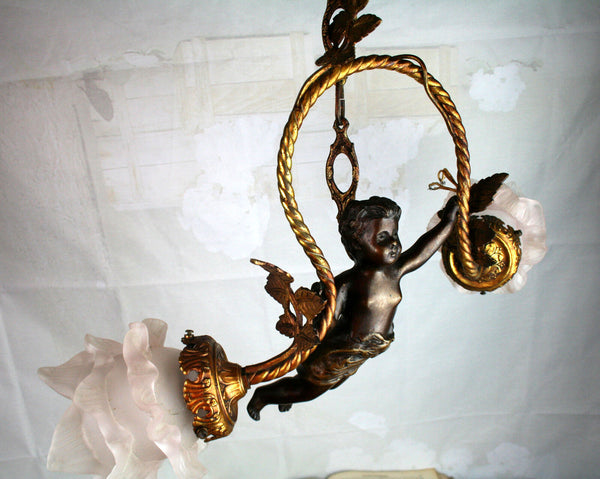 Exclusive Special Bronze angel cherub putti chandelier 2 arms brass leaves 1920