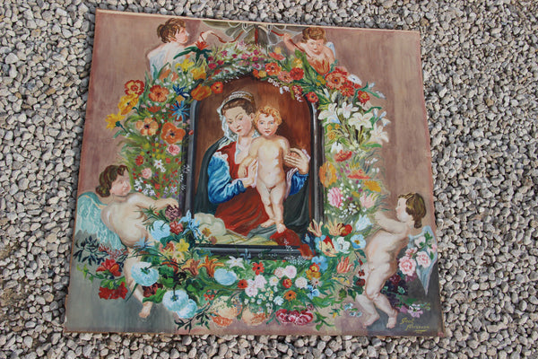 Gorgeous Flemish school Watercolour Gouache  madonna putti painting signed 1935