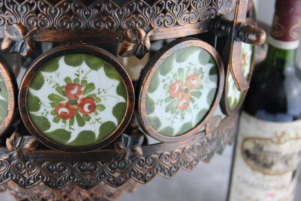 Gorgeous French 1970 MEtAL Bronze patina Faience plaques floral Chandelier