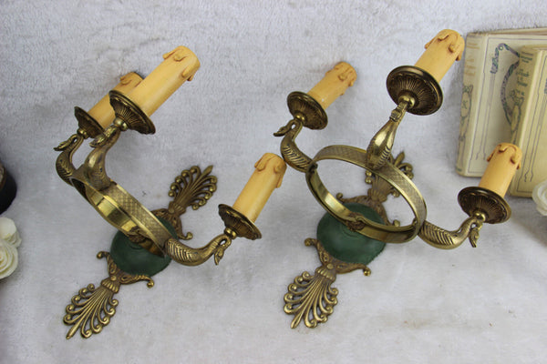 RARE PAIR french vtg brass Empire Swan 3 arm Wall lights sconces 60s