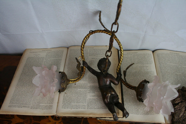 Exclusive Special Bronze angel cherub putti chandelier 2 arms brass leaves 1920