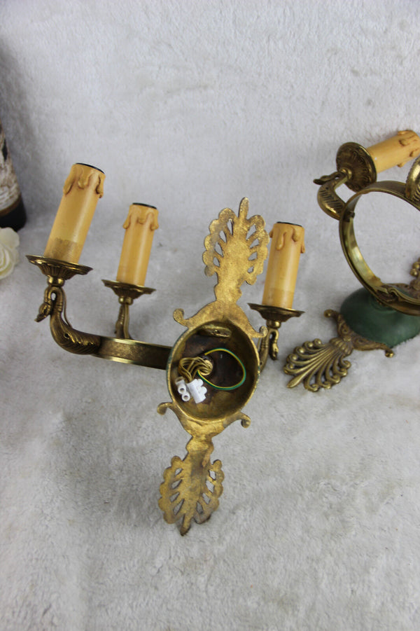 RARE PAIR french vtg brass Empire Swan 3 arm Wall lights sconces 60s