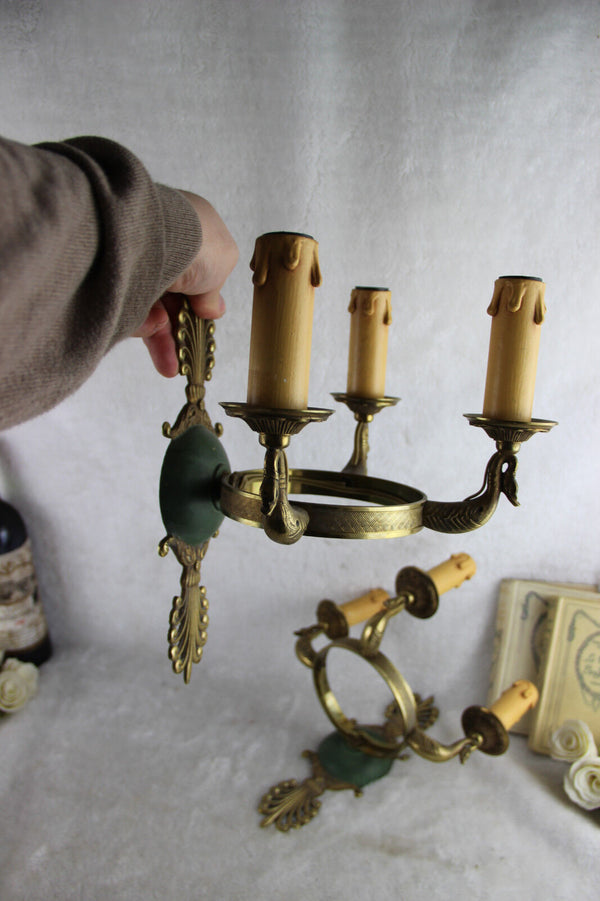 RARE PAIR french vtg brass Empire Swan 3 arm Wall lights sconces 60s