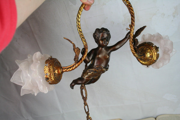 Exclusive Special Bronze angel cherub putti chandelier 2 arms brass leaves 1920