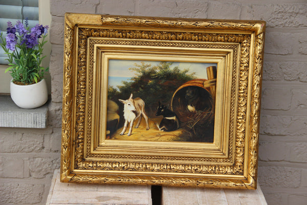 Gorgeous oil on panel painting dog with goats lambs animal