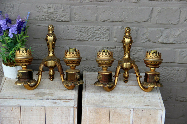 PAIR Vintage brass metal wall lights sconces double arm lion heads 1970