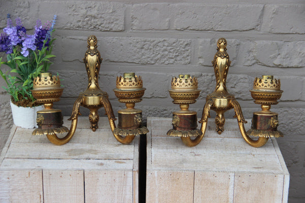 PAIR Vintage brass metal wall lights sconces double arm lion heads 1970