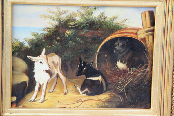 Gorgeous oil on panel painting dog with goats lambs animal