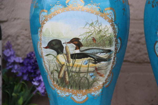 Rare Pair French Limoges signed vases duck animal water scene turquoise blue