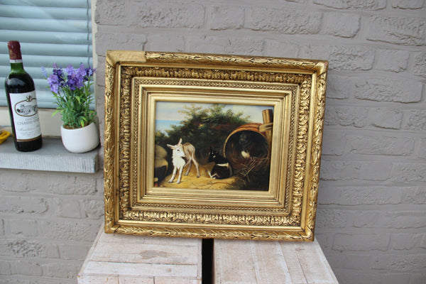 Gorgeous oil on panel painting dog with goats lambs animal