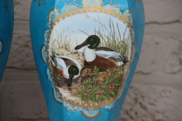 Rare Pair French Limoges signed vases duck animal water scene turquoise blue