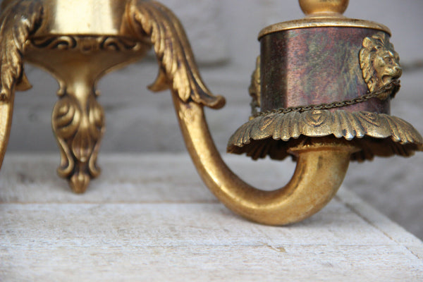 PAIR Vintage brass metal wall lights sconces double arm lion heads 1970