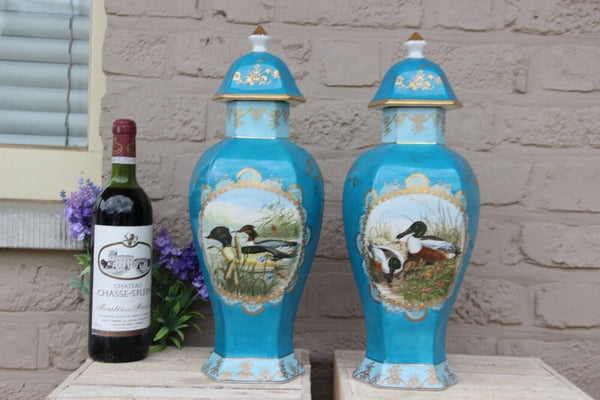 Rare Pair French Limoges signed vases duck animal water scene turquoise blue