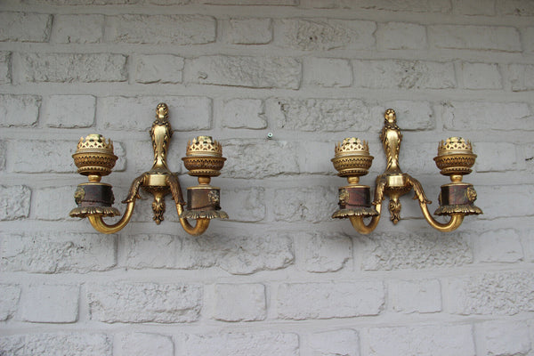 PAIR Vintage brass metal wall lights sconces double arm lion heads 1970