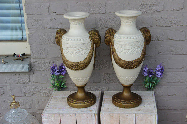 PAIR Large antique french chalkware paint Ram heads Floral decor Vases