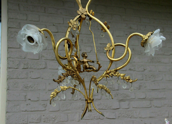 Vintage french Rare Brass Putti on swing 3 arms chandelier glass tulip shade