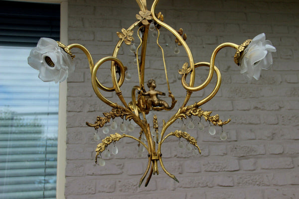 Vintage french Rare Brass Putti on swing 3 arms chandelier glass tulip shade