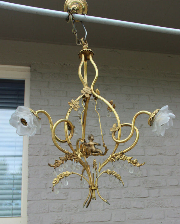 Vintage french Rare Brass Putti on swing 3 arms chandelier glass tulip shade