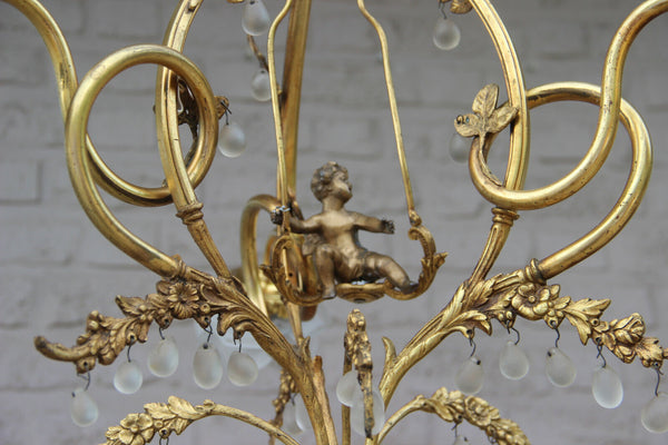 Vintage french Rare Brass Putti on swing 3 arms chandelier glass tulip shade