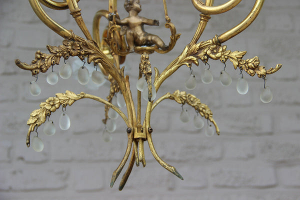 Vintage french Rare Brass Putti on swing 3 arms chandelier glass tulip shade