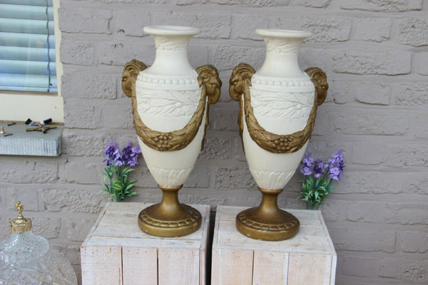 PAIR Large antique french chalkware paint Ram heads Floral decor Vases