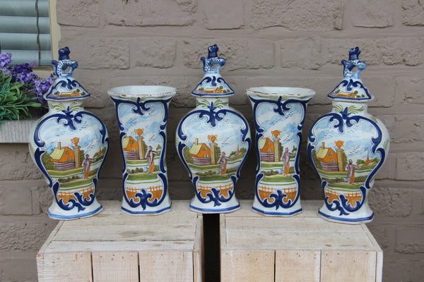 Antique 19th De Klauw Delft polychrome pottery marked set 5 vases farm scene