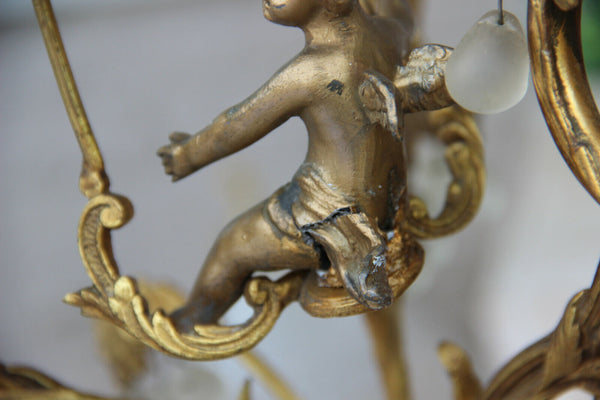 Vintage french Rare Brass Putti on swing 3 arms chandelier glass tulip shade