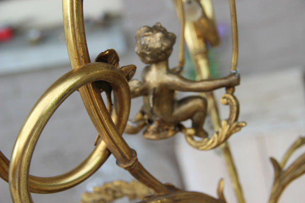 Vintage french Rare Brass Putti on swing 3 arms chandelier glass tulip shade