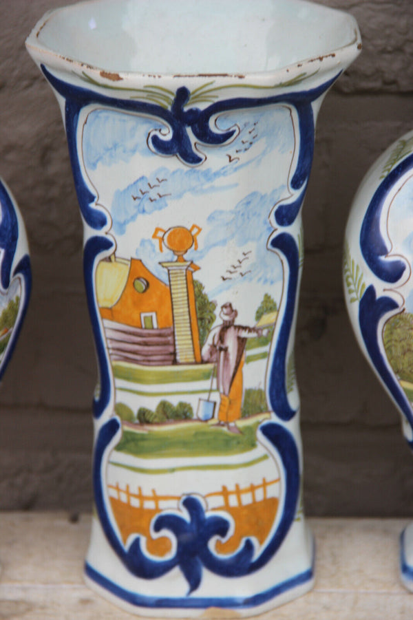 Antique 19th De Klauw Delft polychrome pottery marked set 5 vases farm scene