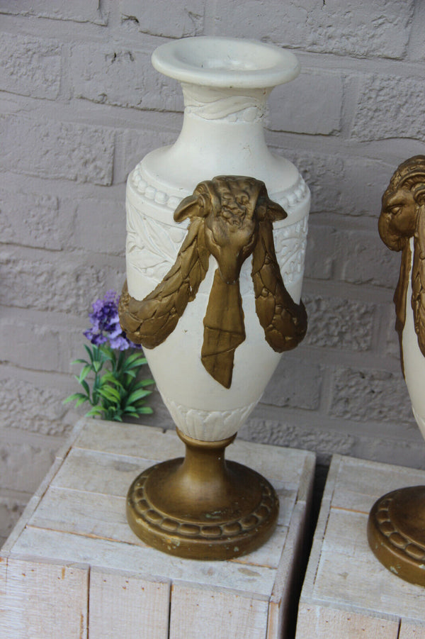 PAIR Large antique french chalkware paint Ram heads Floral decor Vases