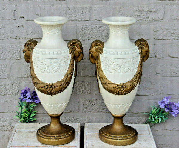 PAIR Large antique french chalkware paint Ram heads Floral decor Vases