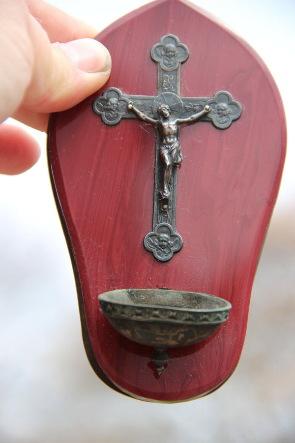 Religious antique French holy water font with crucifix angel portraits