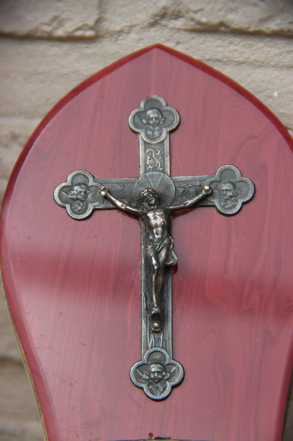 Religious antique French holy water font with crucifix angel portraits