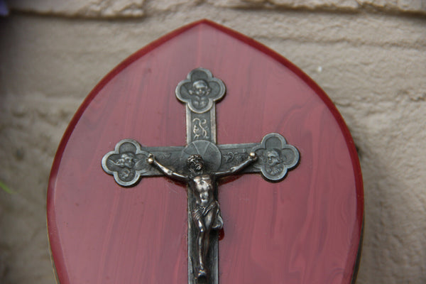 Religious antique French holy water font with crucifix angel portraits