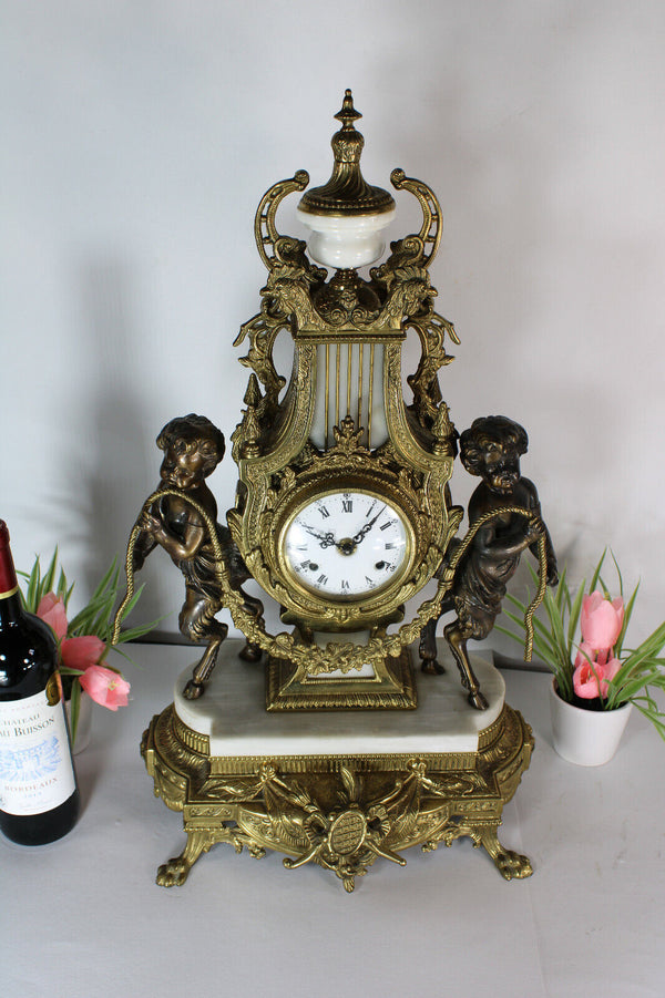 XL Bronze marble Faun putti cherub mantel clock
