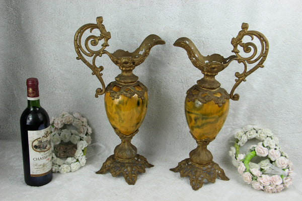 PAIR antique spelter bronze faience French ewer pitcher Vases putti figurines