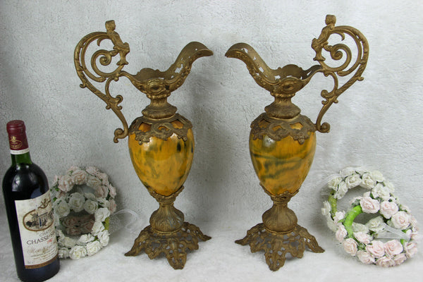 PAIR antique spelter bronze faience French ewer pitcher Vases putti figurines