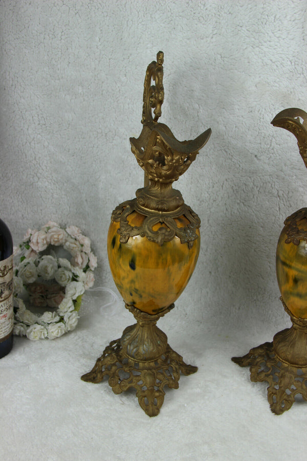 PAIR antique spelter bronze faience French ewer pitcher Vases putti figurines