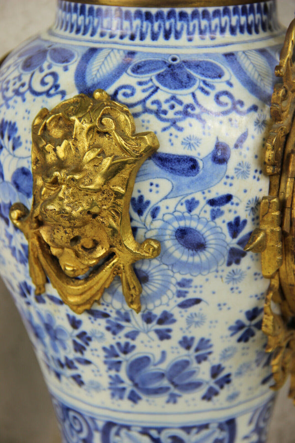 ANTIQUE BOCH Delft blue white pottery bird  pottery Clock Vases lion heads mark