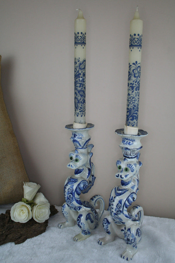 PAIR 1930  Delft pottery marked Dragon gothic  candle holders rare special pcs